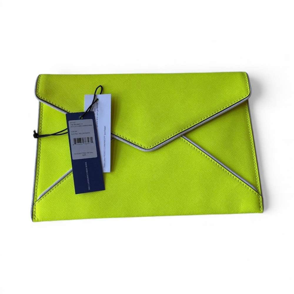 Rebecca Minkoff LEO CLUTCH WITH CONTRAST PIPING ELECTRIC YELLOW/WHITE NWT